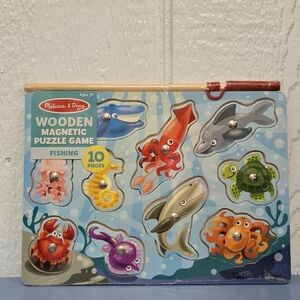 Melissa & Doug Wooden Magnetic Fishing Puzzle Game - Blue and Red